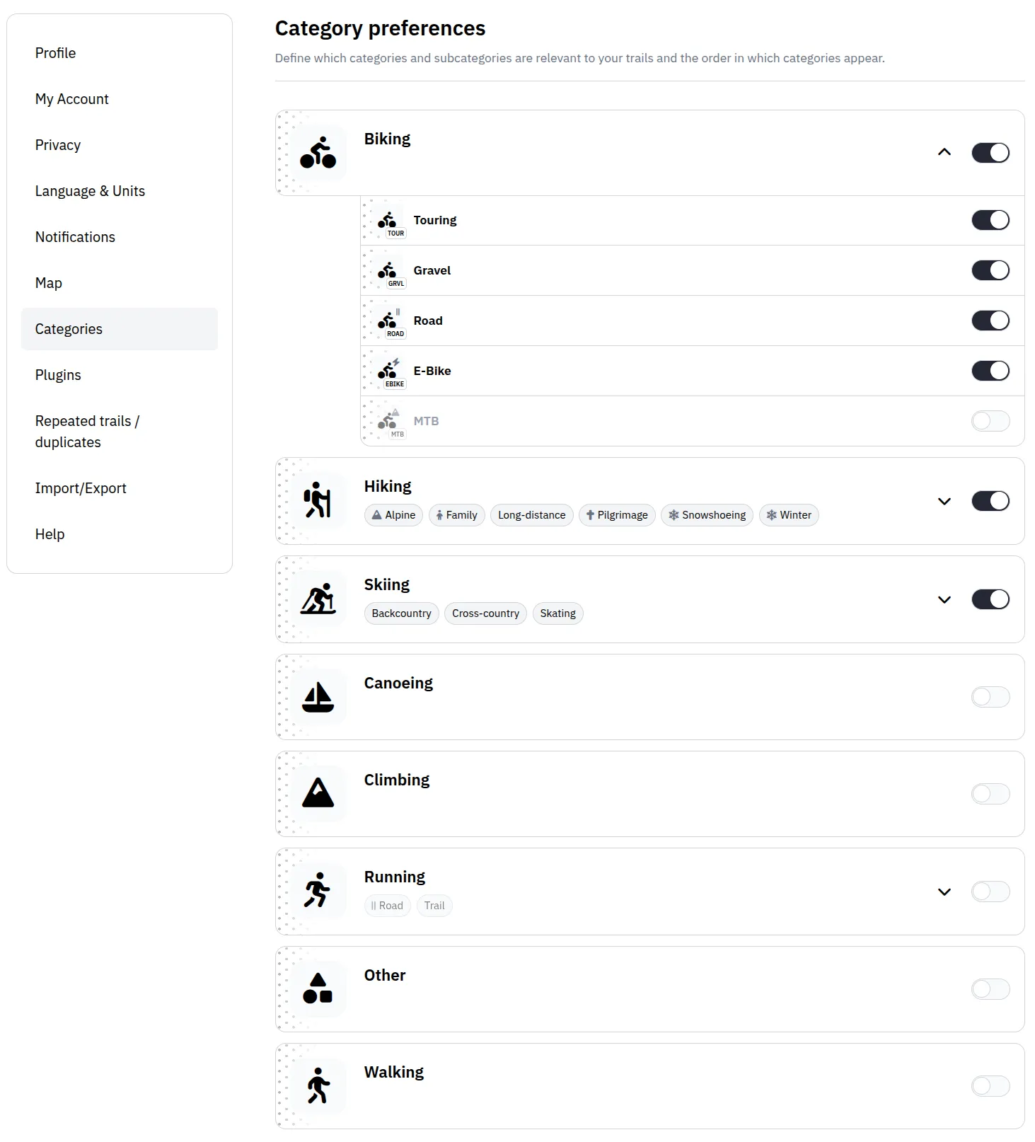 The category preferences page in Settings