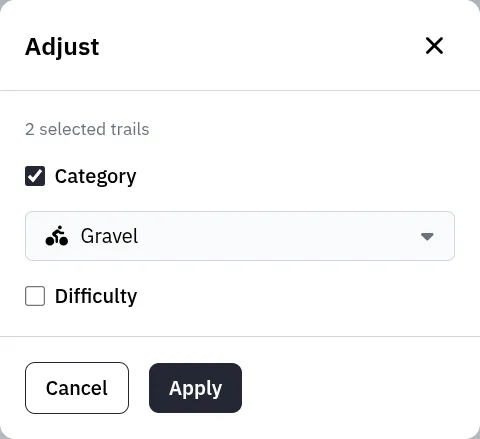 The bulk edit modal for adjusting selected trails