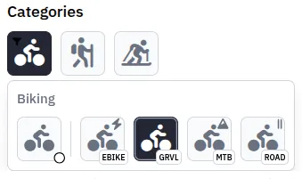 Trail category filter with the subcategory overlay open